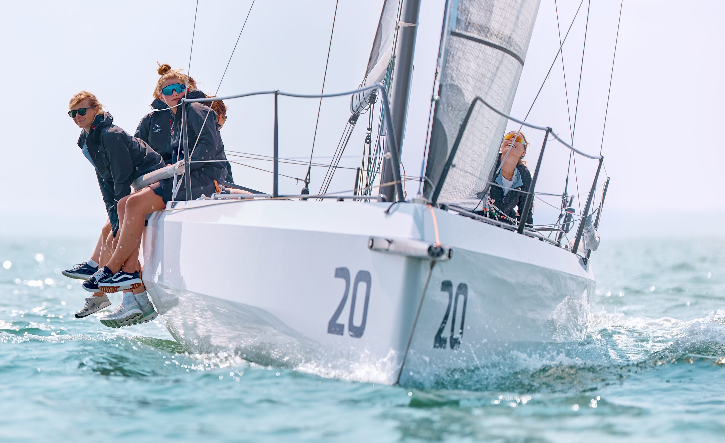 Sailing crew in Musto kit hiking out on a racing yacht