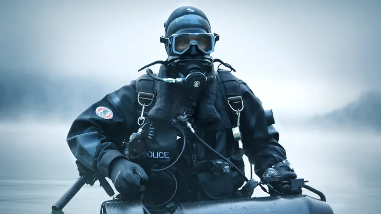Diver in a drysuit and full-face mask on a boat