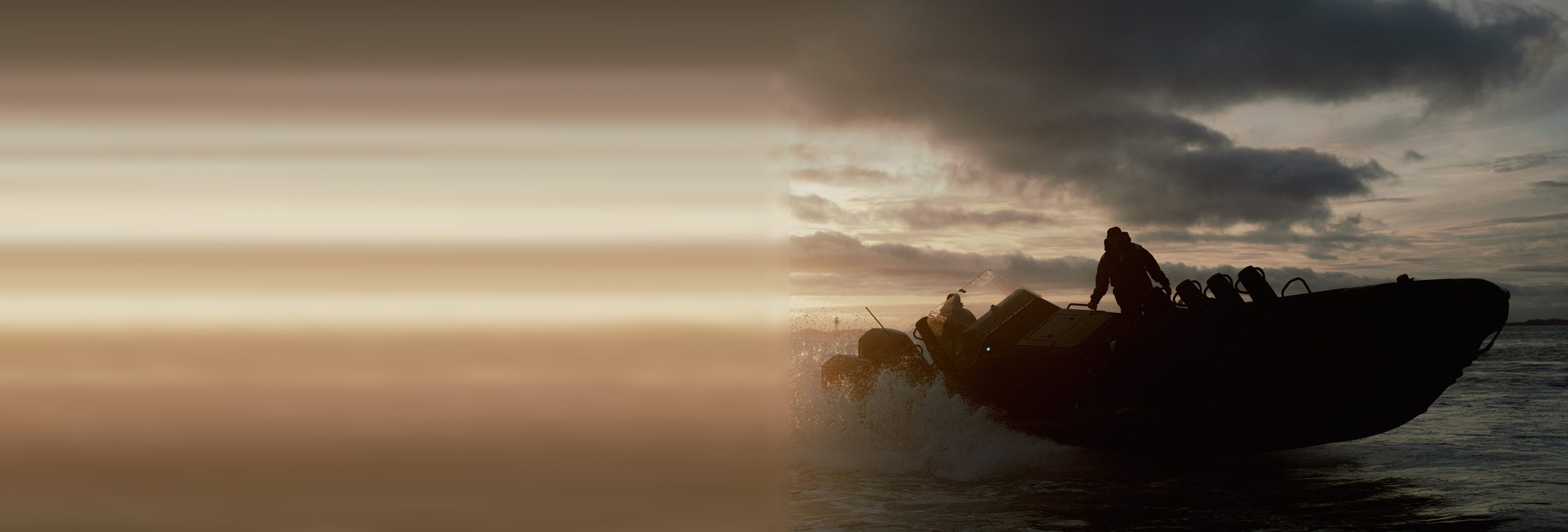 Marine sales agency imagery: RIB crew at speed silhouetted against a sunset sky